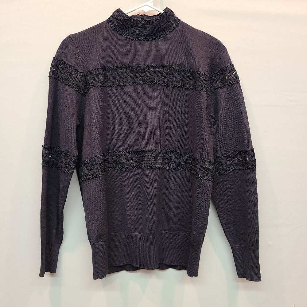 Avantlook Sweater Womens Medium Blue Mock Neck Crochet Lace Trim